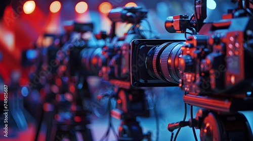 close up on media production video cameras in a recording studio, all logos or trademark signs and elements were cloned away or blurred out.