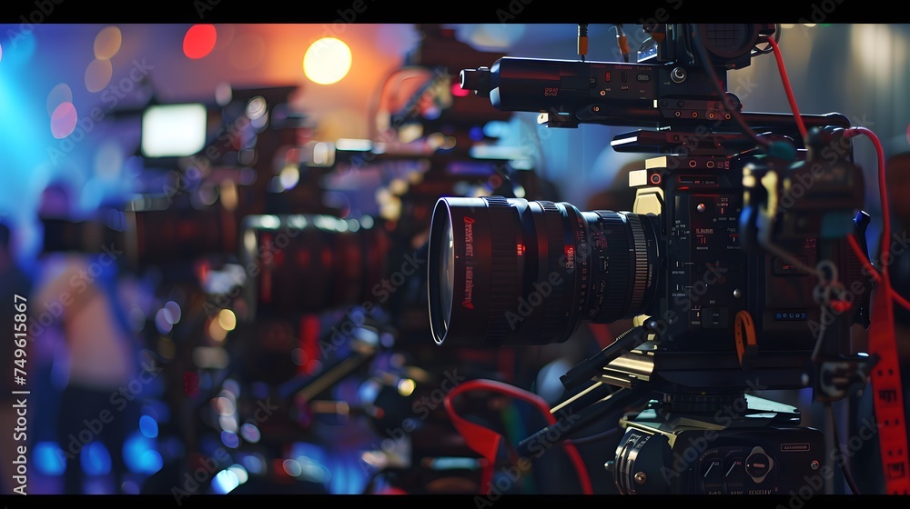 close up on media production video cameras in a recording studio, all ...
