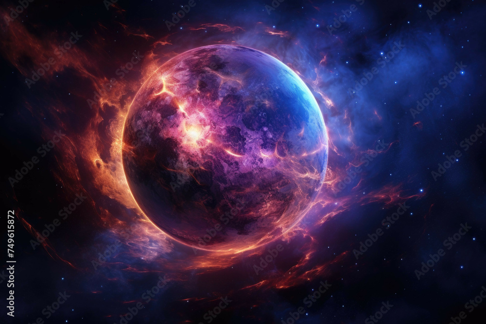 Obraz premium Mysterious gas cloud planet with swirling nebulae and cosmic dust.