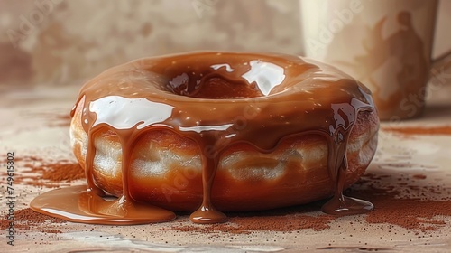 A sumptuous caramel-glazed donut resting on a wooden surface with caramel sauce dripping lusciously, an ideal image for dessert marketing and confectionery websites photo