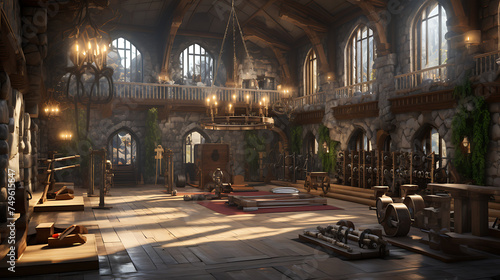 A gym interior for a medieval castle great hall fitness center, with castle-inspired workouts and castle architecture.