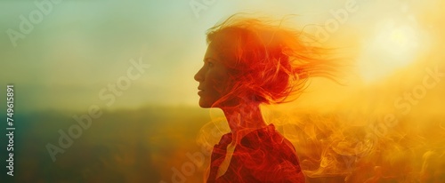 A contemplative young woman with fiery red hair stands against a double-exposed, windswept landscape, exuding a sense of introspection and calm. photo