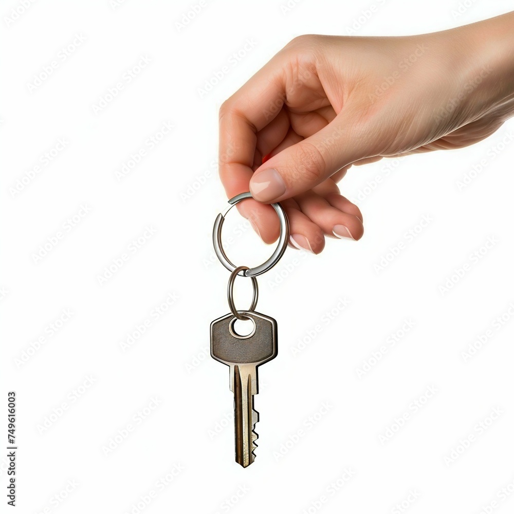 Woman's Hand Holding House Key Against White Background. Generative ai Woman's Hand Holding House Key Against White Background. Generative ai