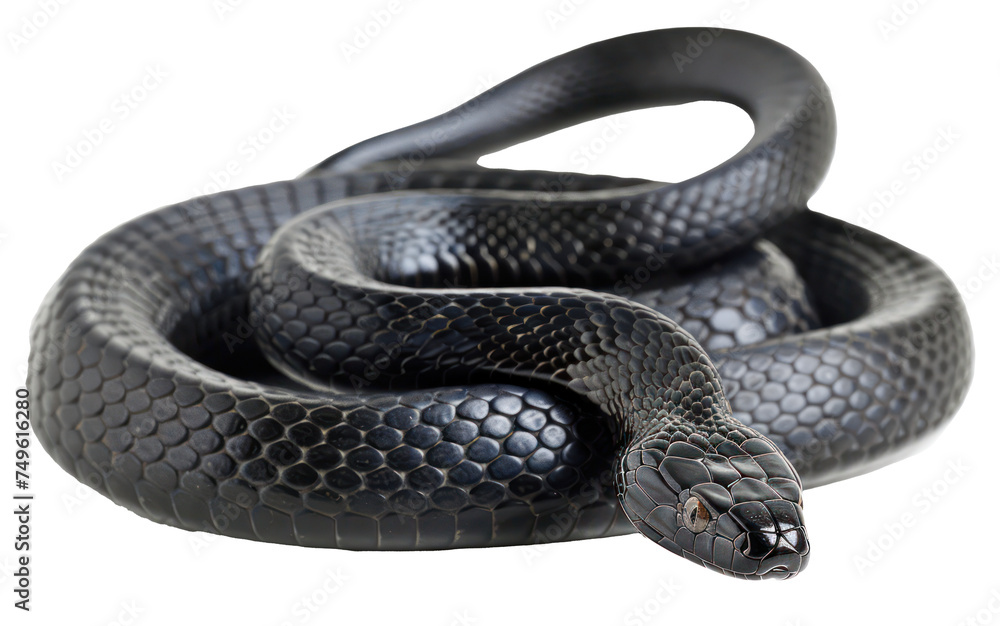 Obraz premium Black coiled snake with shiny scales, cut out - stock png.