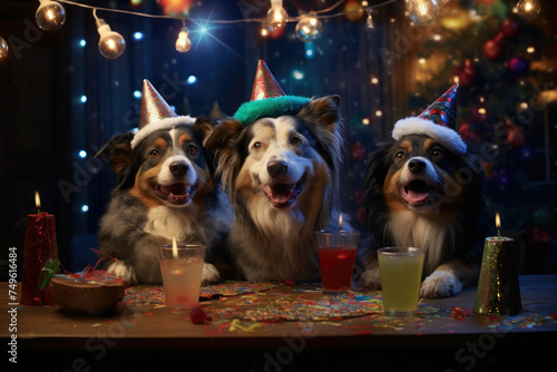 Dogs toasting at a lively New Year's Eve bar