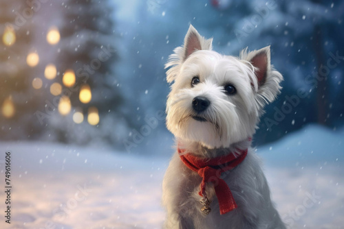 A Christmas dog wearing a bow tie sitting in a winter wonderland with snow-covered trees and a frozen lake.