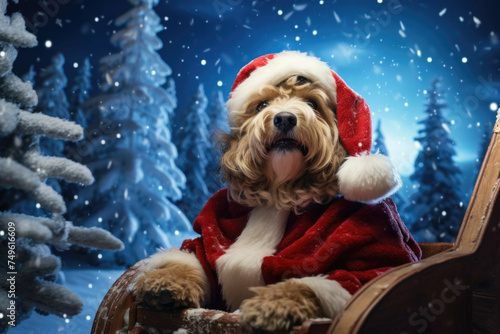 A Christmas dog dressed as Santa Claus in a sleigh filled with presents. © Michael Böhm