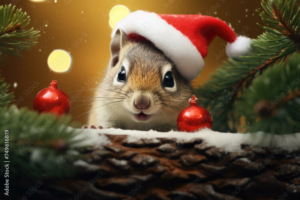 Curious chipmunk peeking out of a Santa hat on a snowy tree stump Curious chipmunk peeking out of a Santa hat on a snowy tree stump