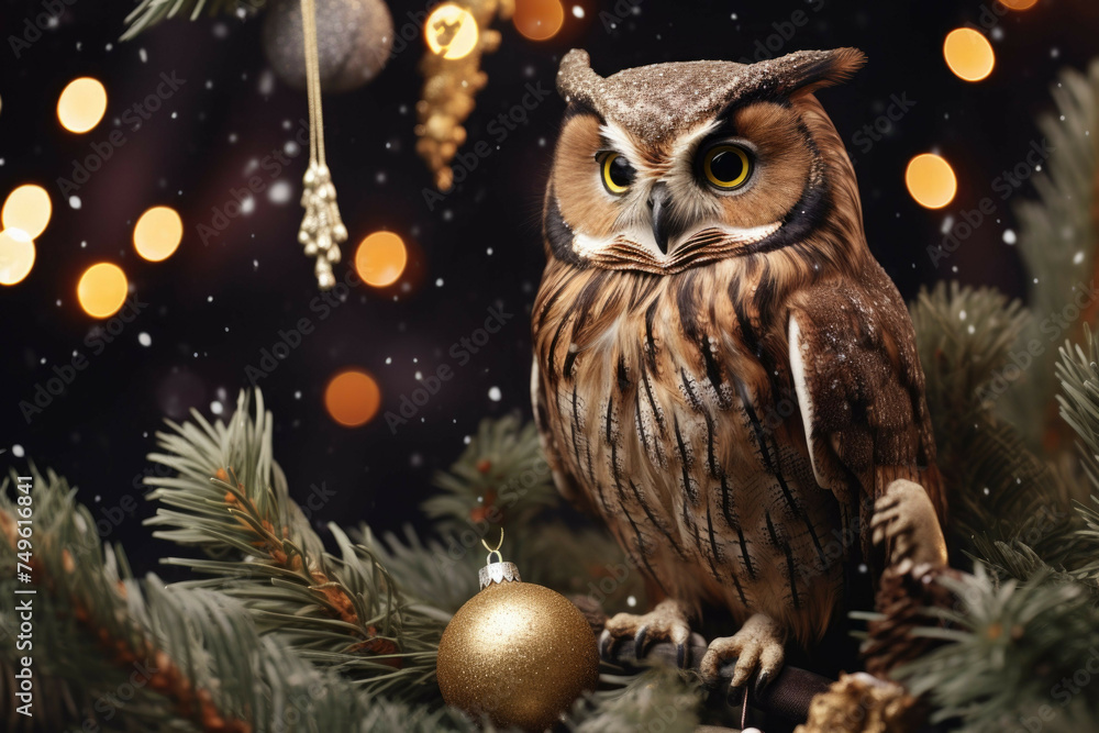 Wise owl perched on a branch of a Christmas tree Wise owl perched on a branch of a Christmas tree
