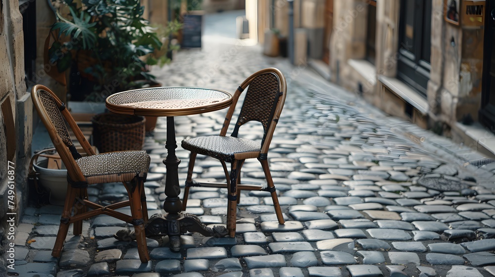 Empty European styled classic cafe table on the side walk of paved stones street Empty European styled classic cafe table on the side walk of paved stones street