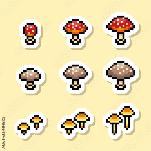3種類のキノコのピクセルアート ラベル
