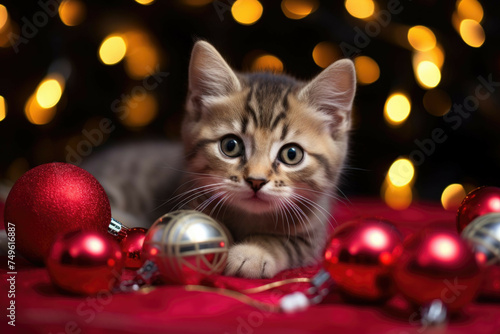 Kitten playing with Christmas ornaments