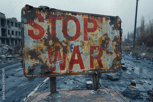 Stop War: Zerstörte Straße mit Protestschild