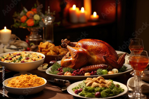 Traditional Thanksgiving feast with a beautifully roasted turkey as the centerpiece.