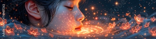 Panoramic view of a young girl blowing heart-shaped bubbles into a wintery night sky, symbolizing innocence and wonder