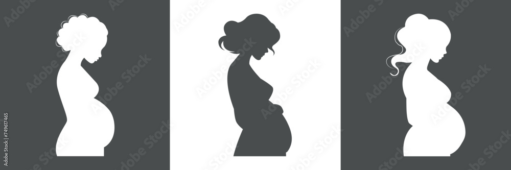Isolated silhouette of a naked pregnant woman hugging her belly. Three silhouettes of pregnant women