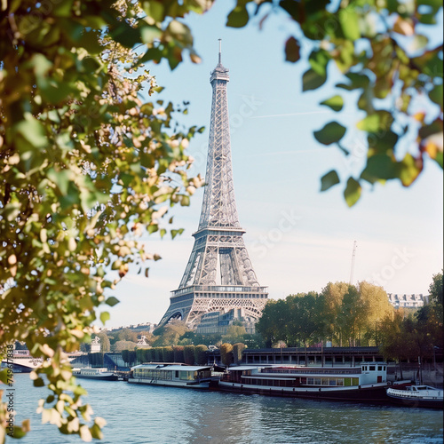 Autumnal View of the Eiffel Tower with Seine River and Boats