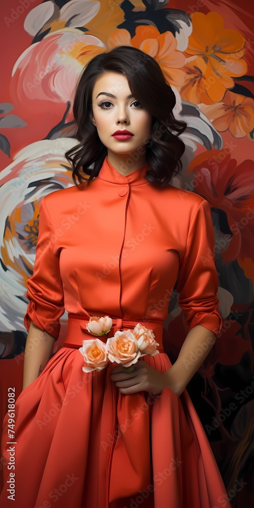 In front of a radiant coral background, a beautiful model showcases her elegance and charm, her poised pose and stylish outfit harmonizing with the vibrant color
