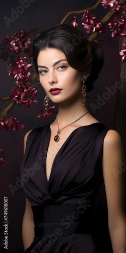 In front of a deep plum background, a gorgeous model exudes grace and sophistication, her ethereal presence and impeccable fashion choice capturing the essence of elegance