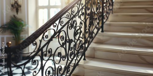 Elegant Wrought Iron Staircase Railing. Close-up of a classic wrought iron staircase railing with ornate design  forged products for the interior of the house.