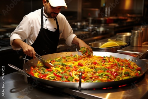 A skilled chef is expertly stir-frying an array of fresh and healthy vegetables in a large skillet, creating a visually appetizing and delicious dish with a mix of vibrant colors and flavors.