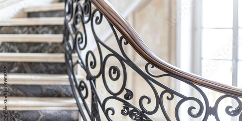 Elegant Wrought Iron Staircase Railing. Close-up of a classic wrought iron staircase railing with ornate design  forged products for the interior of the house.