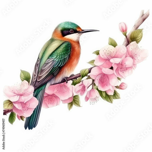 Cute fantasy bird sitting on tree branch with pink blossom in spring time. Magic bird with green, orange, purple feathers on white background © virginna