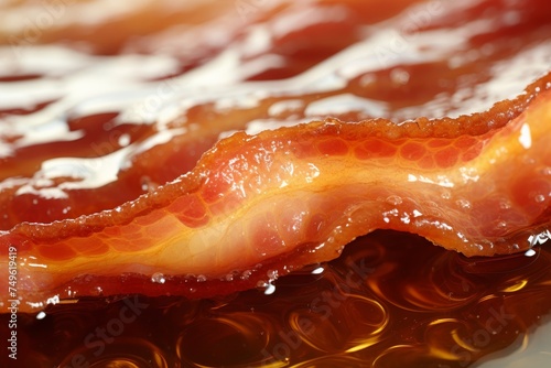 A close-up of sizzling bacon on a skillet, with crispy edges and glistening fat creating an irresistible aroma, inviting viewers to savor this classic breakfast favorite. photo