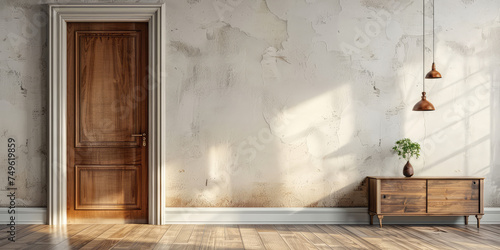 Paneled wooden door set in a matching wall with elegant wainscoting in the sunlight.