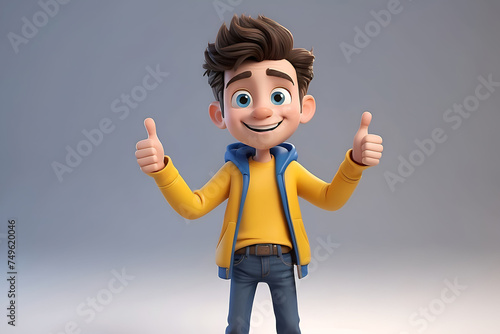 A young man showing a thumbs-up gesture, 3d rendered character isolated on a white background