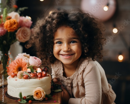 Happy african girl celebrating happy birthday with delicious cake and colorful flowers
