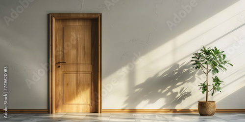 Paneled wooden door set in a matching wall with elegant wainscoting in the sunlight. photo