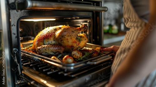 Housewife prepares roast chicken in the oven, view from the inside of the oven. Cooking in the oven photo