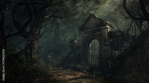 Mysterious dark forest with old stone gate. Fantasy forest background.