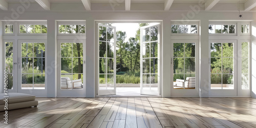 Modern sliding doors with panoramic glass windows opening in the interior of a modern country private house.