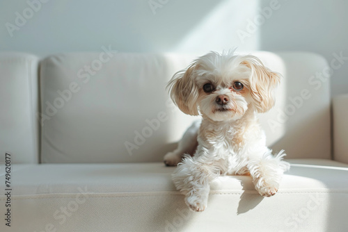 Perro de raza caniche blanco tumbado en un sofá blanco, sobre fondo de pared blanca photo