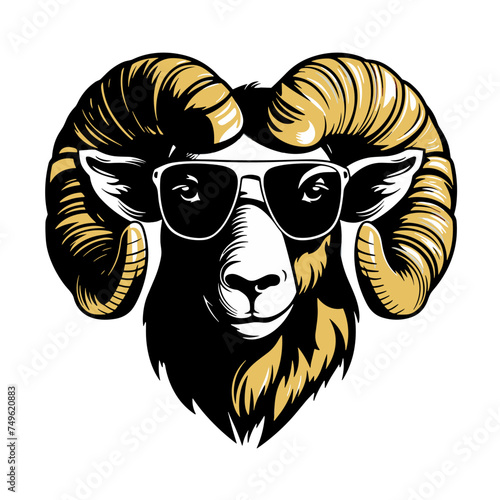 Mascot design with head of ram in sunglasses. Vector illustration.