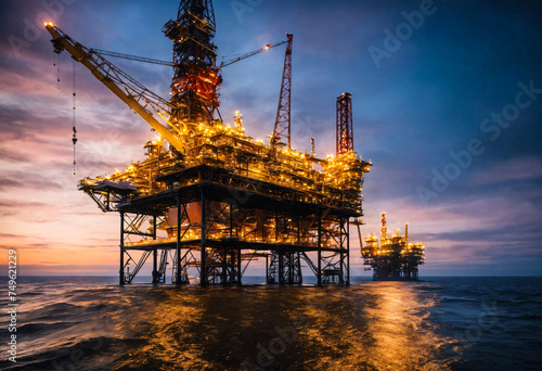 Platform equipment in sea. Raw materials mining industry. Oil and gas production rigs. Evening time.