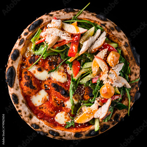 Pizza with mozzarella cheese and tomato sauce and a salad of cucumbers, chicken, sweet peppers, tomatoes, apples, arugula and lettuce isolated on black.