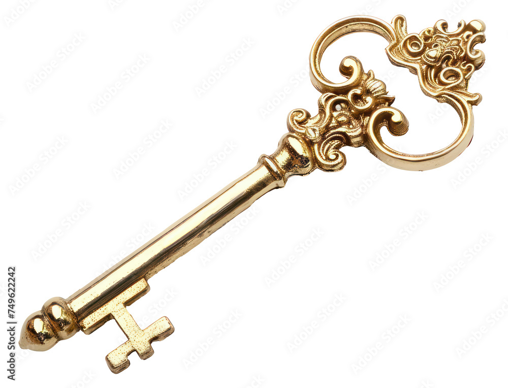 Ornate antique gold key, cut out - stock png. Ornate antique gold key, cut out - stock png.