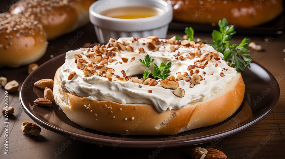 Freshly baked bread with a crispy crust and butter. Concept of healthy breakfast Freshly baked bread with a crispy crust and butter. Concept of healthy breakfast