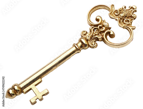 Ornate antique gold key, cut out - stock png.