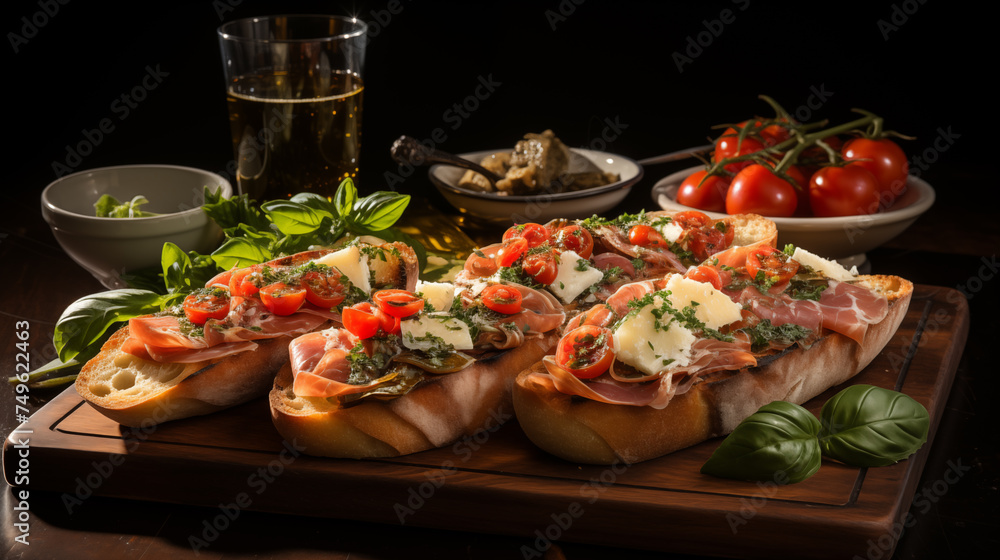 Plate with bread, dry-cured ham, cheese, tomatoes and glasses of wine. Concept of lunch in a restaurant Plate with bread, dry-cured ham, cheese, tomatoes and glasses of wine. Concept of lunch in a restaurant