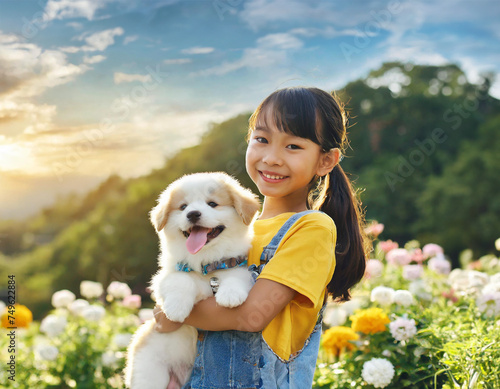 A cute, smiling girl holding an adorable puppy in her hands. Happy puppy. A vibrant green environment photo