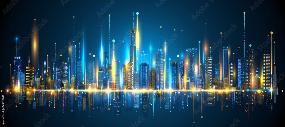 Futuristic cityscape with neon lights, hi tech architecture, abstract digital design for banner.