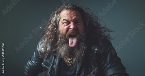 Outlaw biker - rough looking man in jacket, large beard and moustache, sticking out tongue. Crazy or excited expression. Generative AI photo