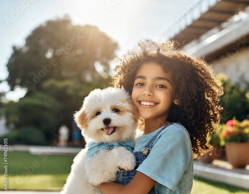 A cute, smiling girl holding an adorable puppy in her hands. Happy puppy. A vibrant green environment photo