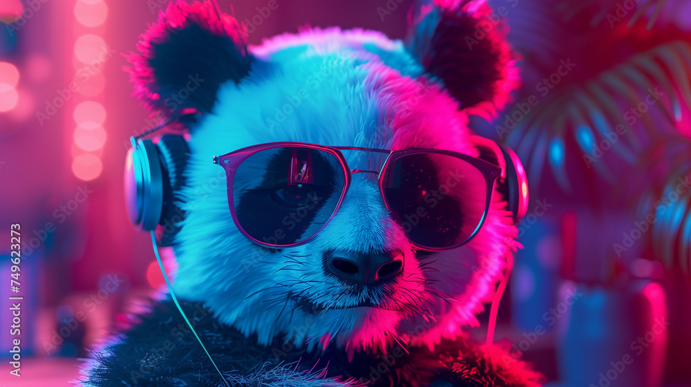 Chill Panda with Sunglasses and Headphones in Neon Room