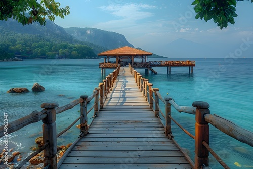 wooden bridge on the blue sea