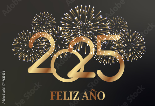 Tarjeta o pancarta para desear un feliz año nuevo 2025 en dorado con fuegos artificiales dorados detrás sobre un fondo degradado negro y gris